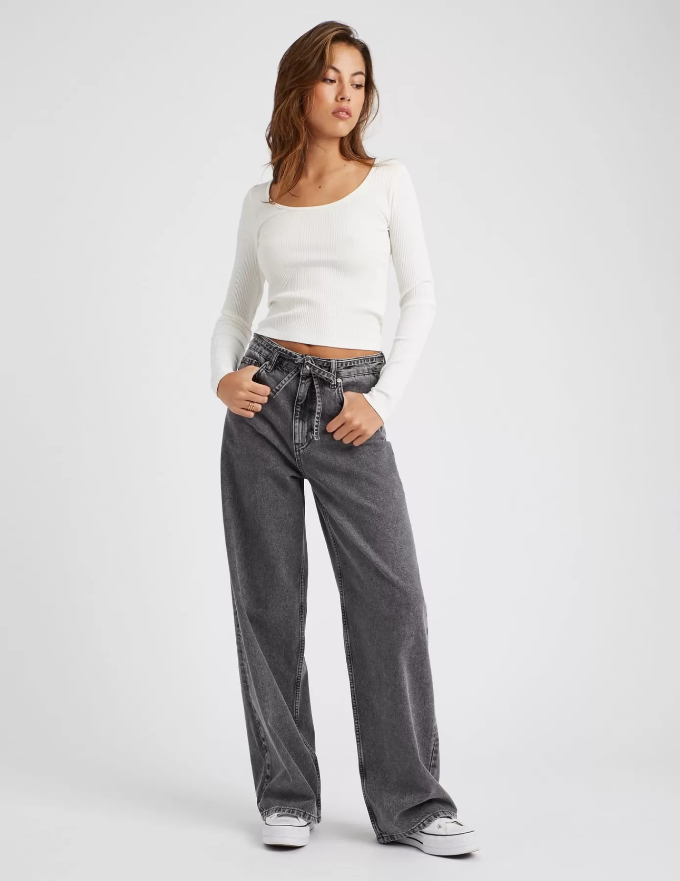 Best BZB Jean wide leg ceinturé Grisfoncé