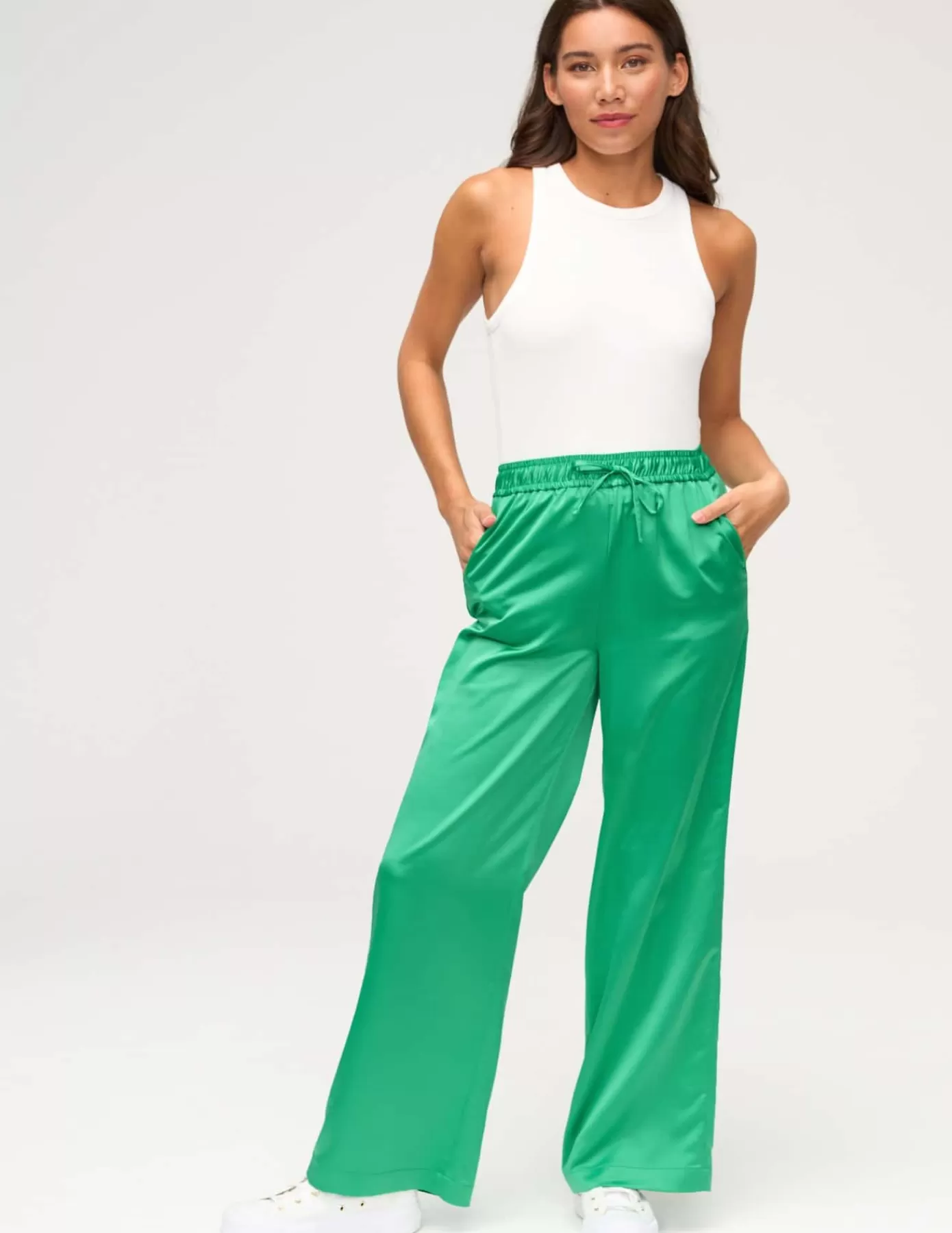 Store BZB Pantalon satin taille élastiquée Vert