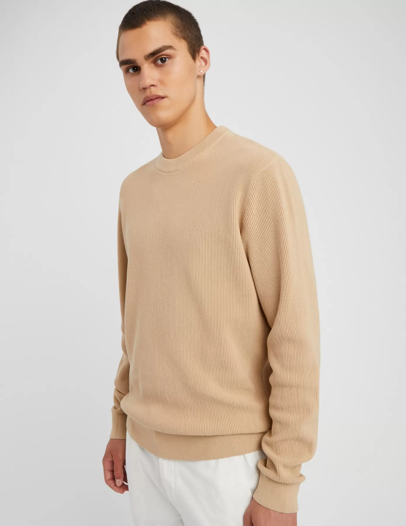 Clearance BZB Pull col rond maille côtelée Beige