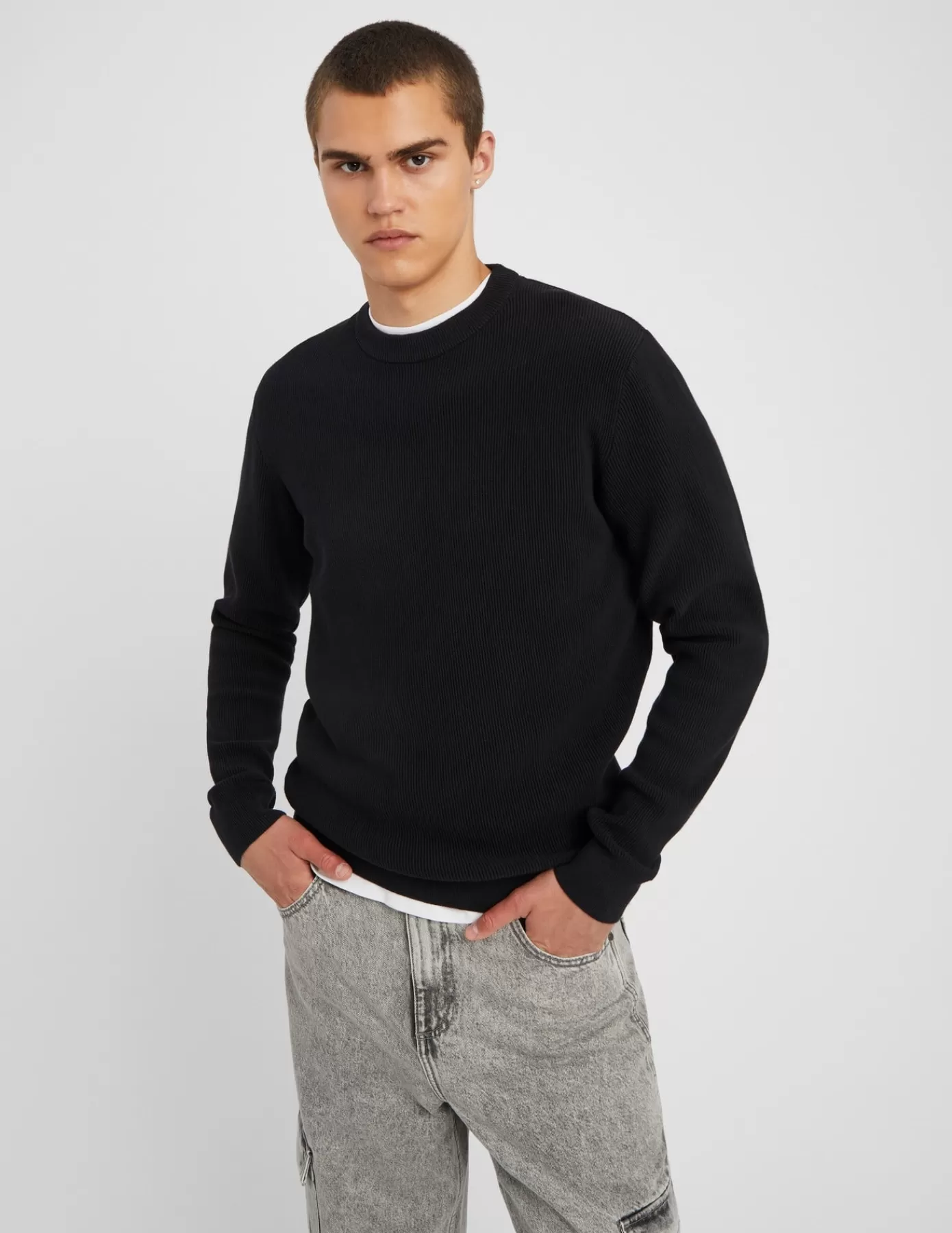 Sale BZB Pull col rond maille côtelée Noir