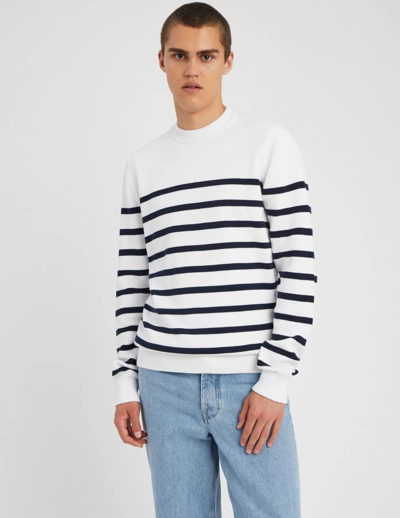 Best Sale BZB Pull col rond marinière Blanc