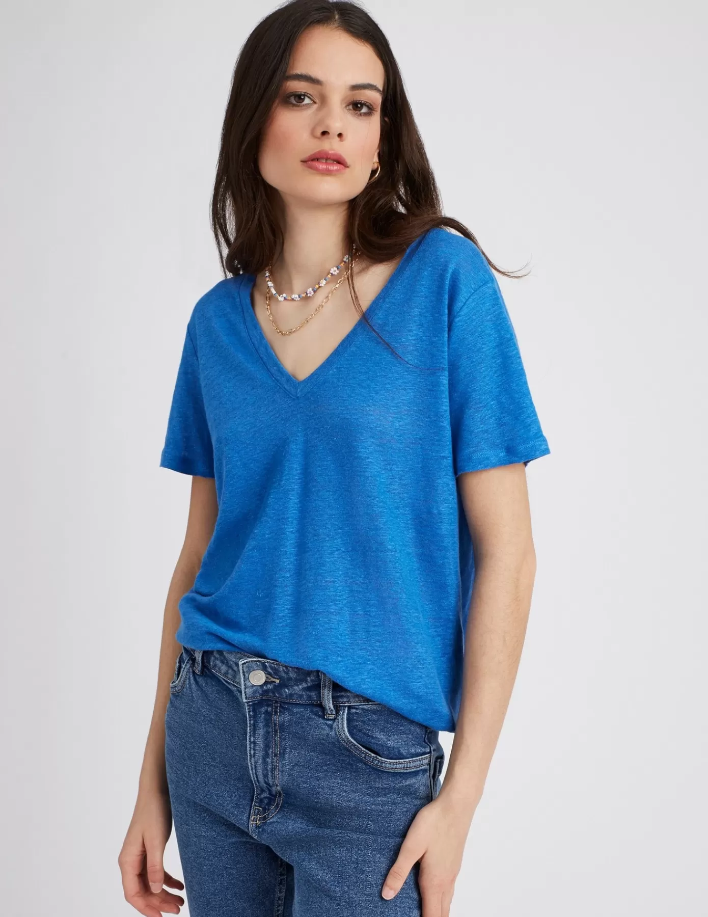 Fashion BZB T-shirt en lin uni Bleumoyen