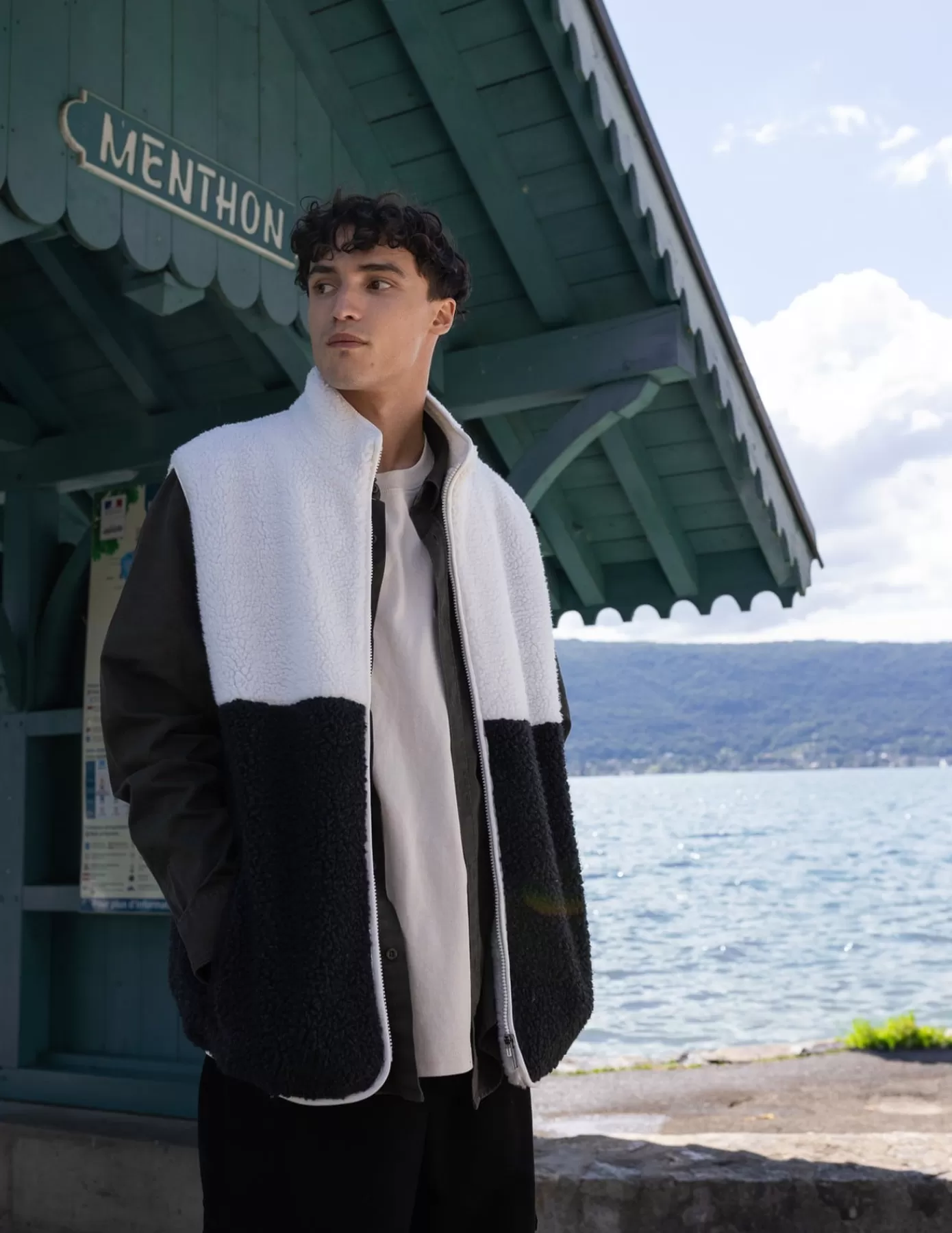 Cheap BZB Veste sans manches sherpa colorblock Blanccassé