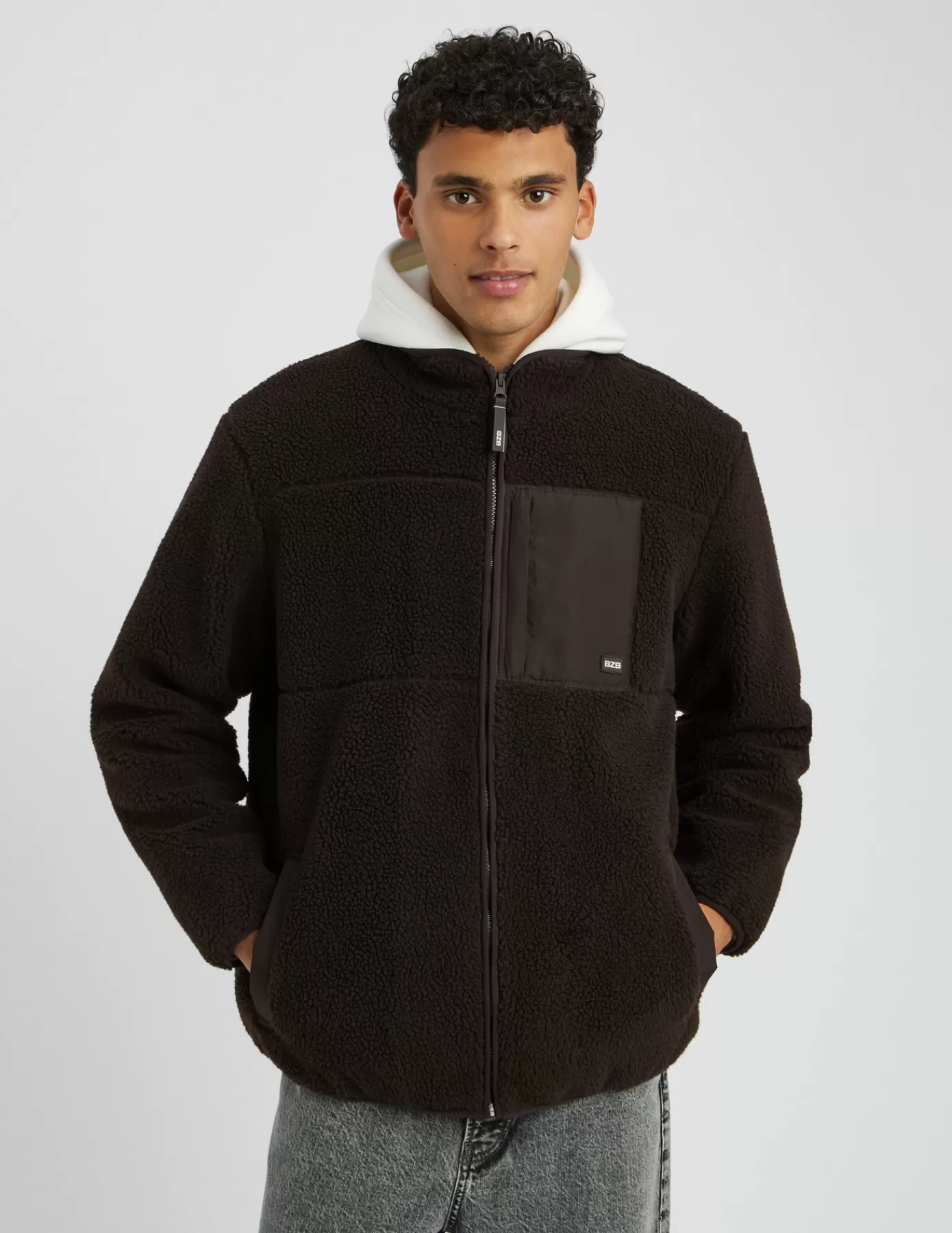 Online BZB Veste zippée sherpa Marronfoncée